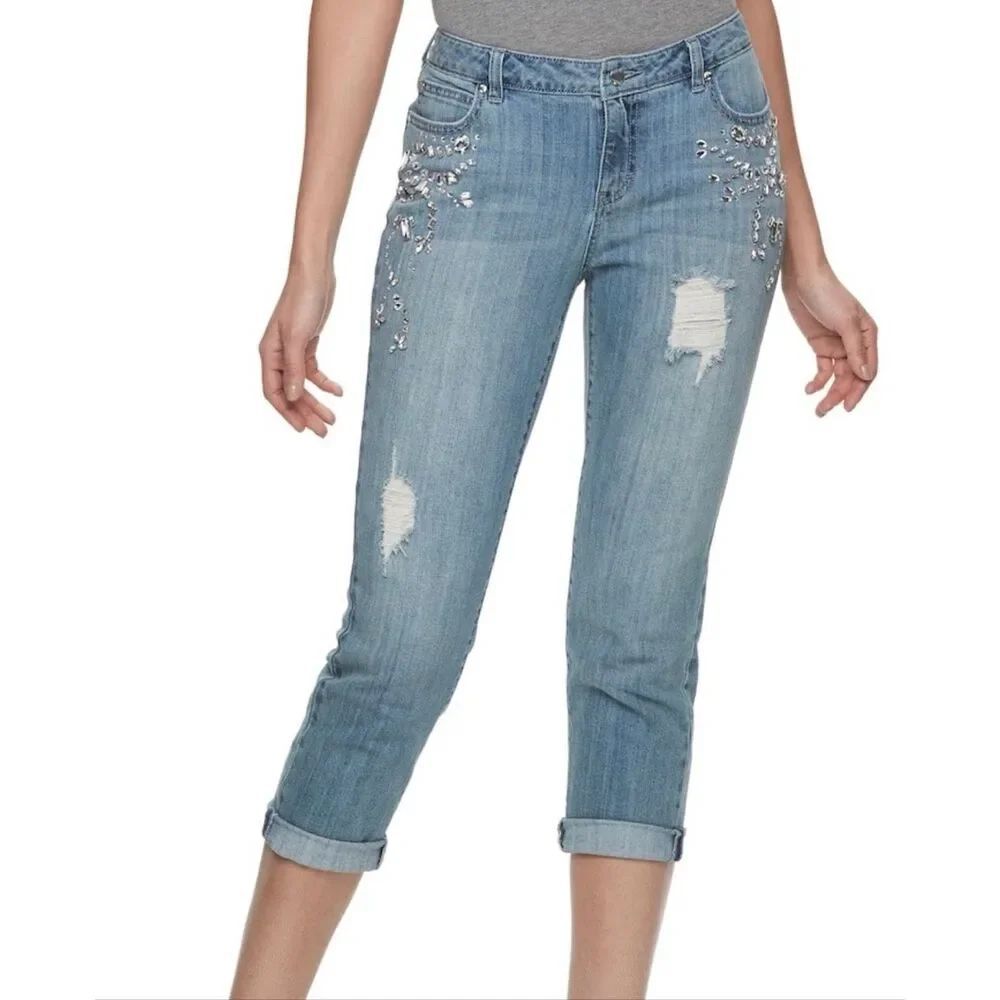 Jennifer Lopez Size 10 Womens Distressed Boyfriend Embellished Denim JLO Jeans